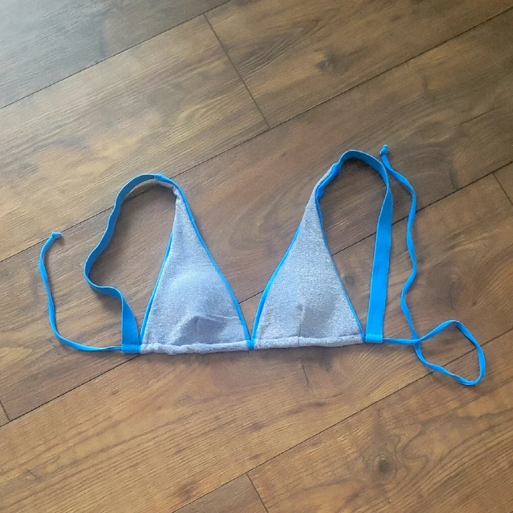 Triangle Blue Silver Glitter Bikini Top, Size Small